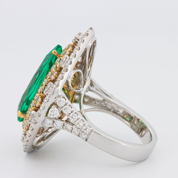 6.89 CT Double Halo Pearshape Green Emerald Ring - ZIZOV DIAMONDS