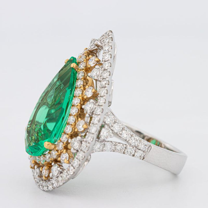 6.89 CT Double Halo Pearshape Green Emerald Ring - ZIZOV DIAMONDS