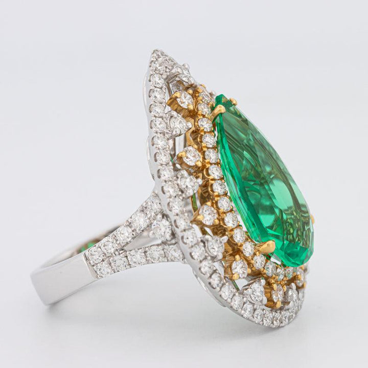 6.89 CT Double Halo Pearshape Green Emerald Ring - ZIZOV DIAMONDS