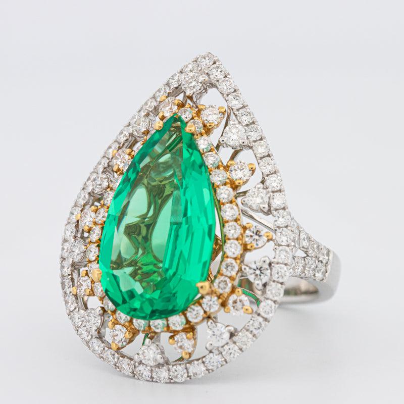 6.89 CT Double Halo Pearshape Green Emerald Ring - ZIZOV DIAMONDS