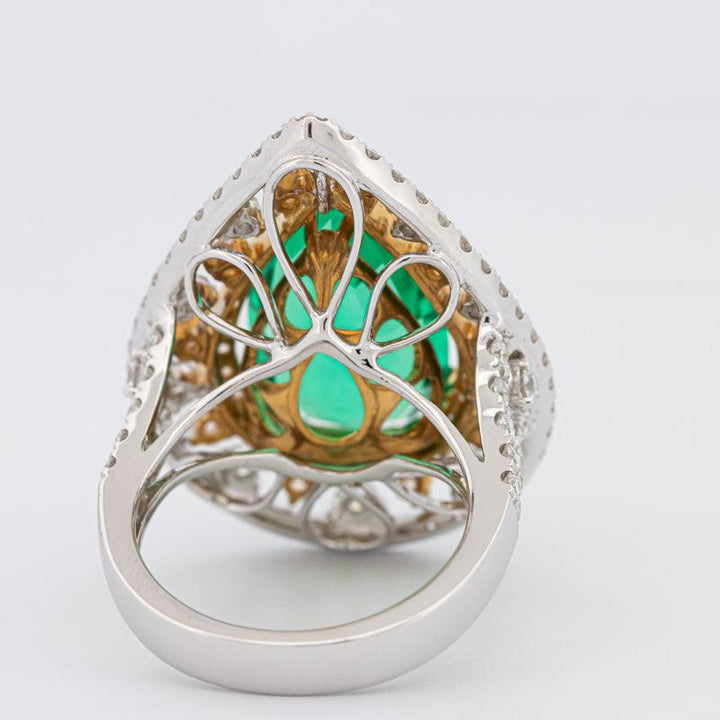 6.89 CT Double Halo Pearshape Green Emerald Ring - ZIZOV DIAMONDS