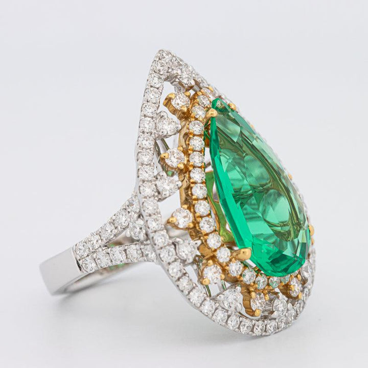 6.89 CT Double Halo Pearshape Green Emerald Ring - ZIZOV DIAMONDS