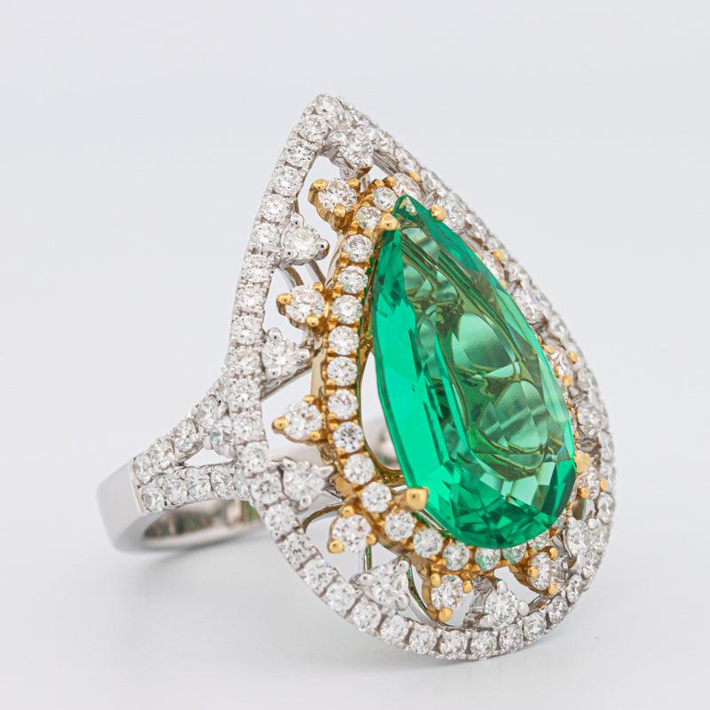 6.89 CT Double Halo Pearshape Green Emerald Ring - ZIZOV DIAMONDS