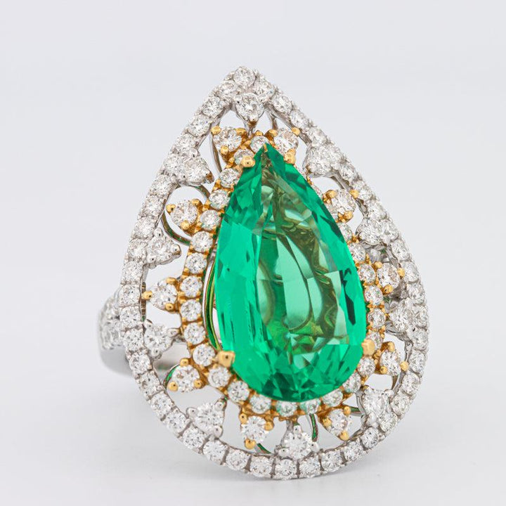 6.89 CT Double Halo Pearshape Green Emerald Ring - ZIZOV DIAMONDS