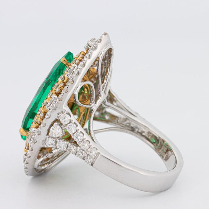 6.89 CT Double Halo Pearshape Green Emerald Ring - ZIZOV DIAMONDS