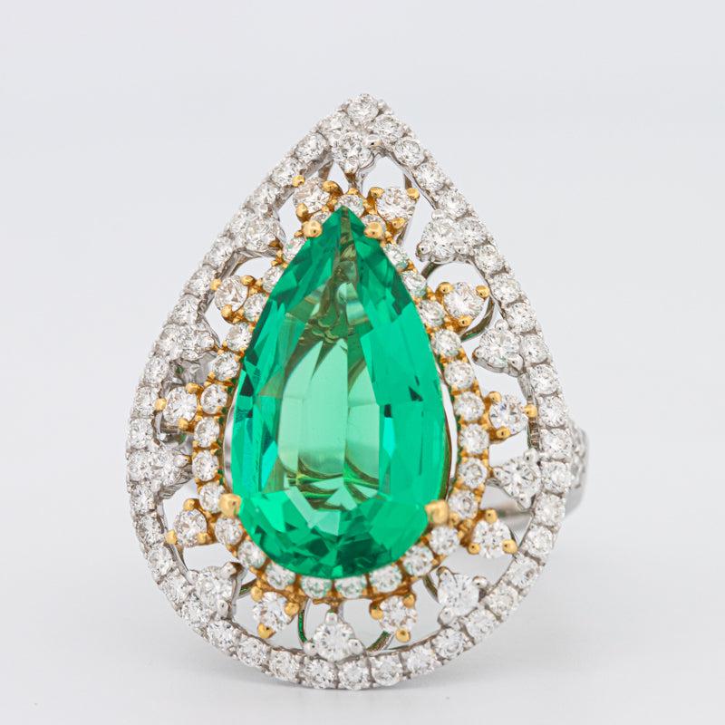 6.89 CT Double Halo Pearshape Green Emerald Ring - ZIZOV DIAMONDS