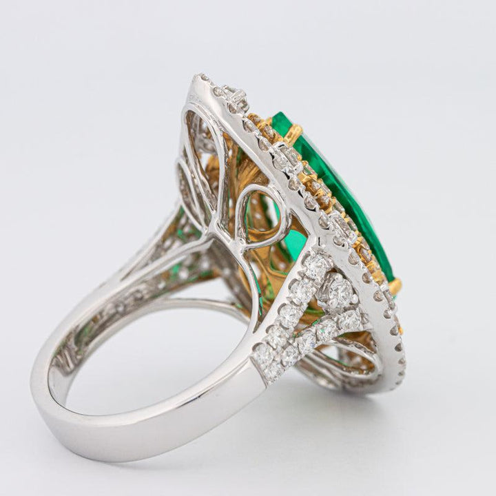 6.89 CT Double Halo Pearshape Green Emerald Ring - ZIZOV DIAMONDS