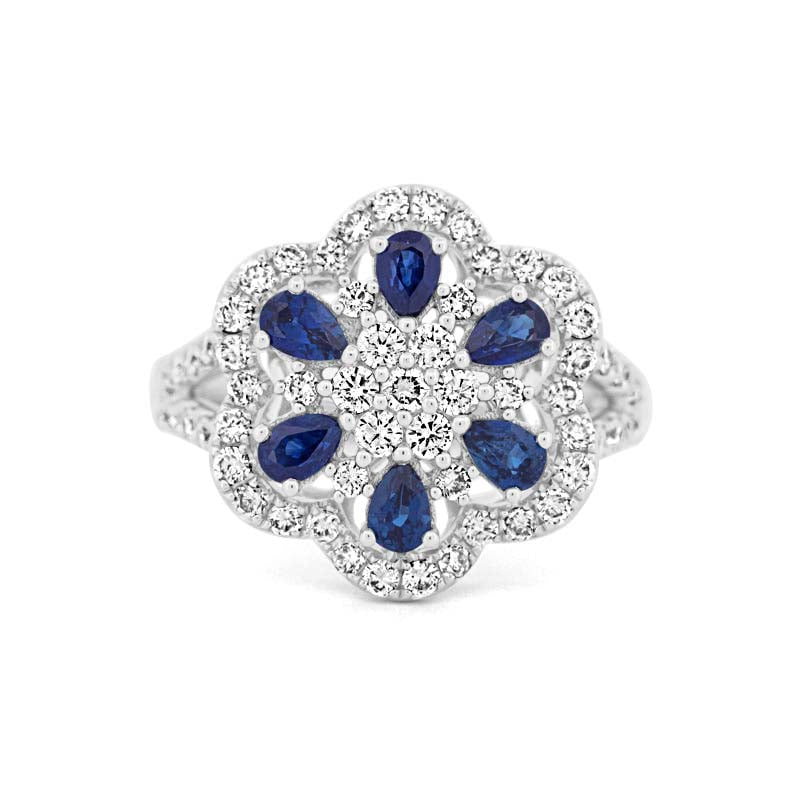 Blauwe saffier en diamanten bloemring