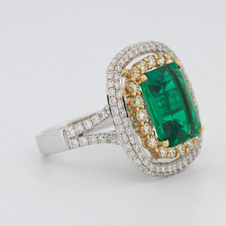 Double Halo Cushion Green Emerald Ring