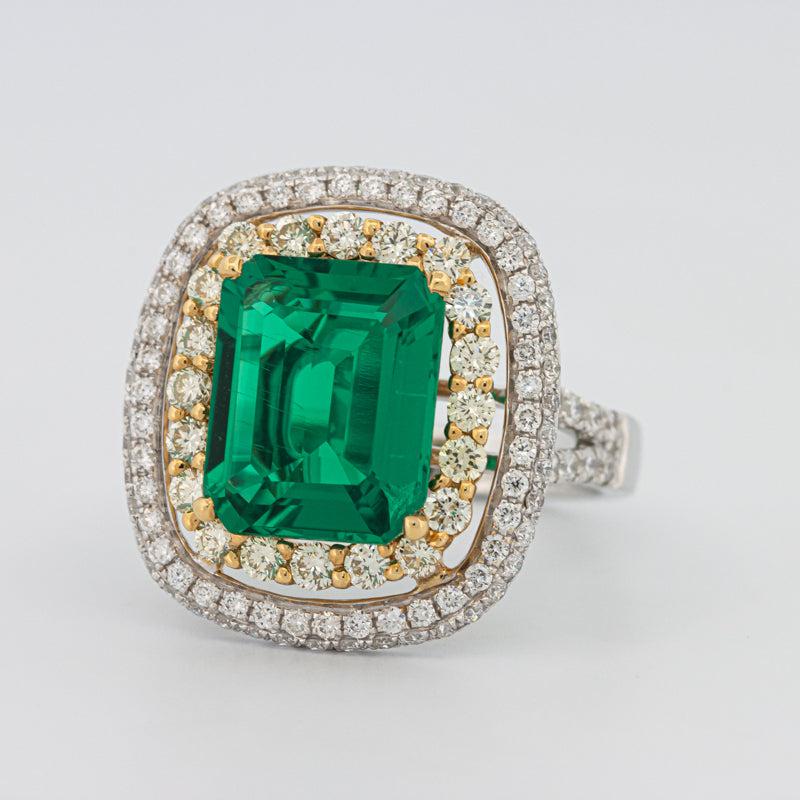 Double Halo Cushion Green Emerald Ring