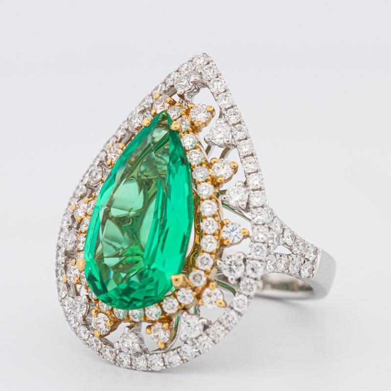 Double Halo Pearshape Green Emerald Ring