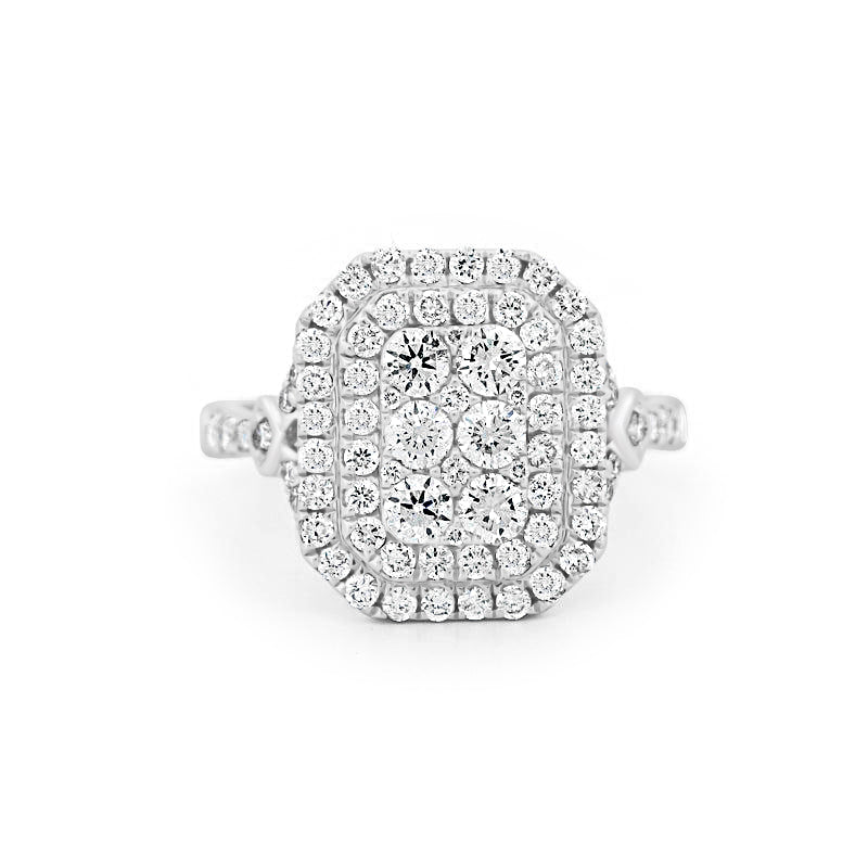 Onzichtbare dubbele Halo rechthoekige diamanten ring