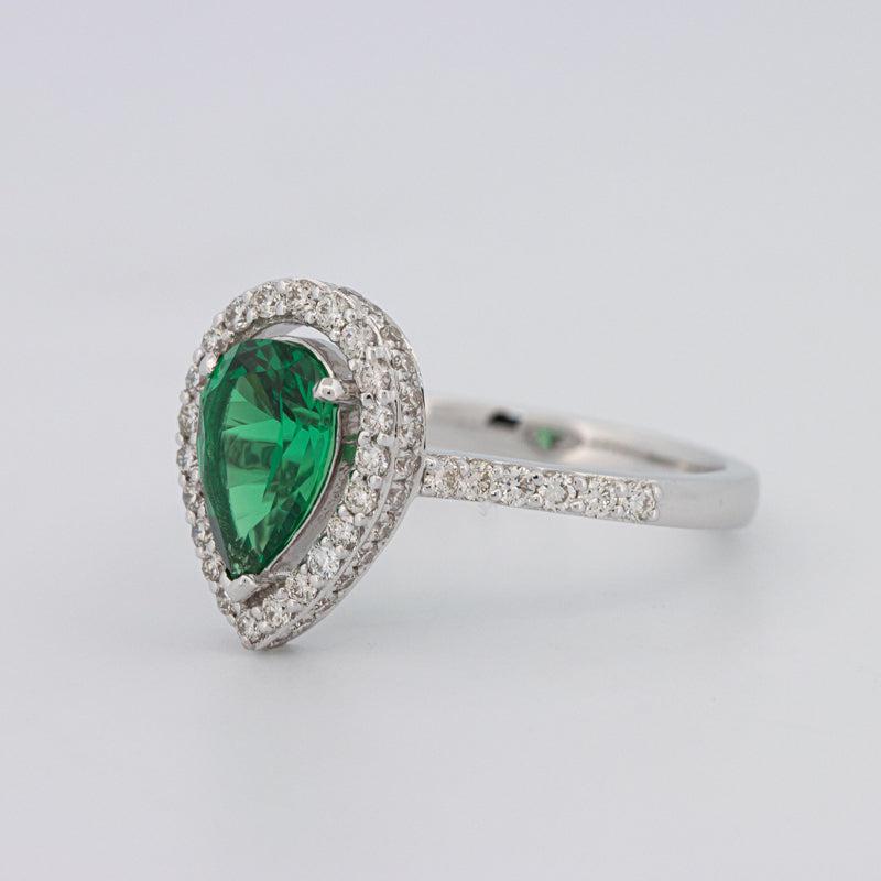 Pearshape Halo Green Emerald Ring