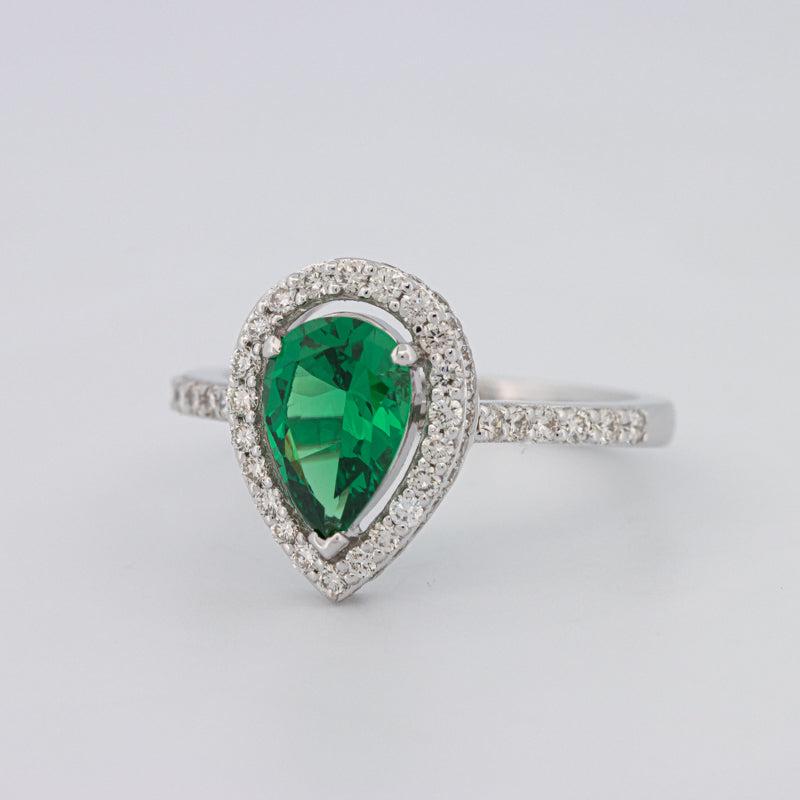 Pearshape Halo Green Emerald Ring
