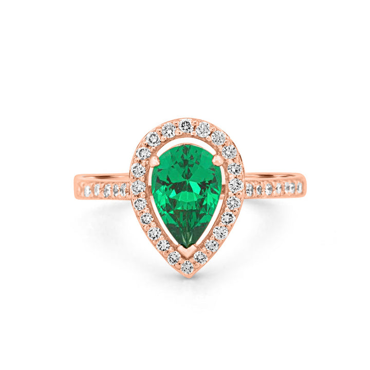 Peervormige Halo groene smaragd ring