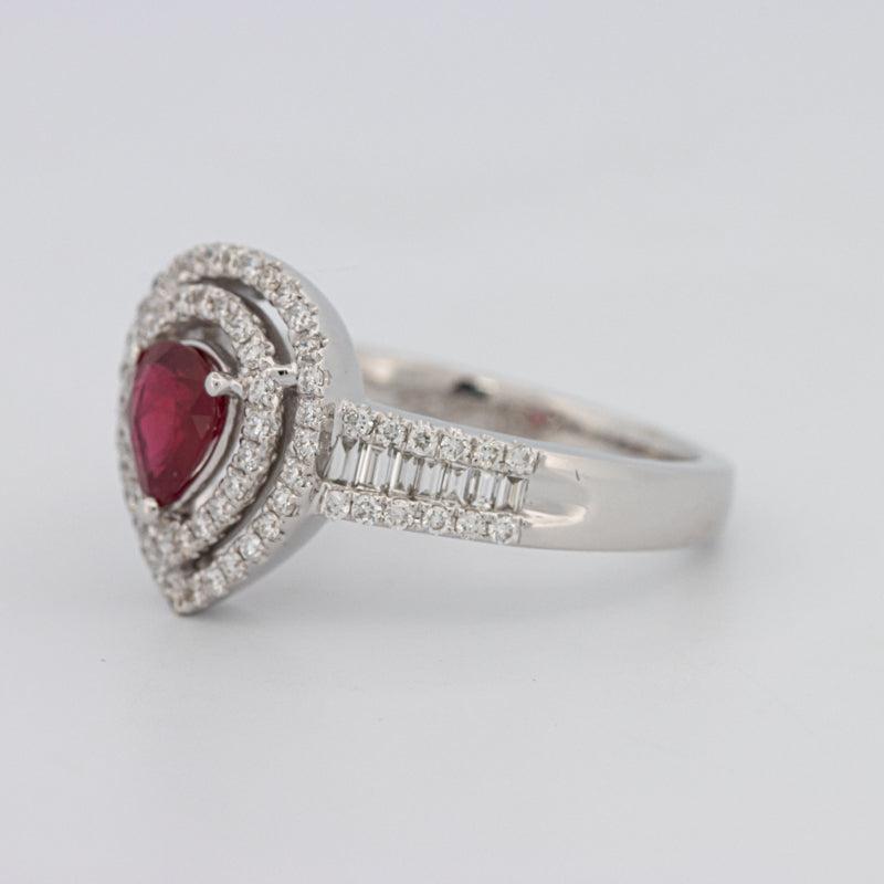 Pearshape Red Ruby Double Halo Ring