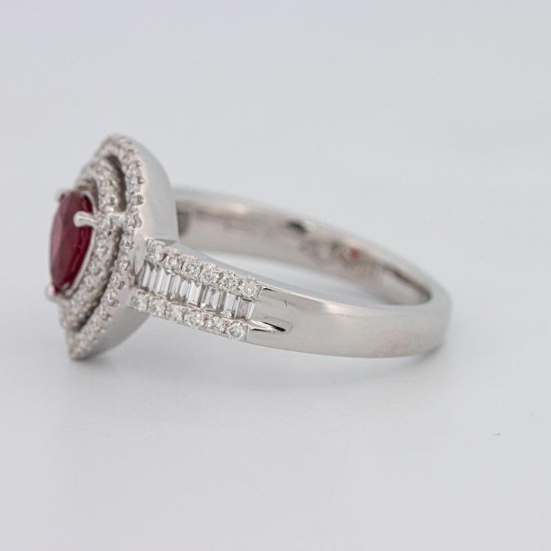 Pearshape Red Ruby Double Halo Ring